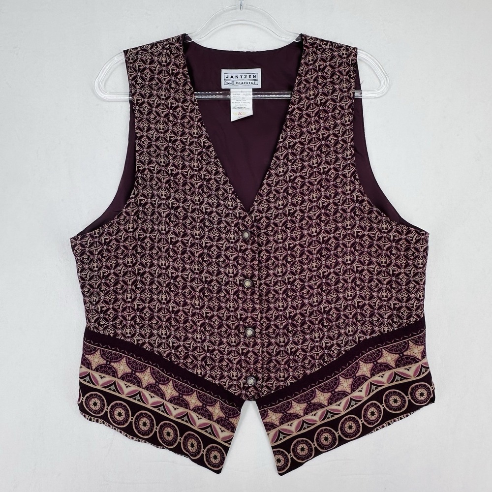 Vintage Jantzen Vest Women's Size Large Maroon Brown Geometric Print Boho 90s - Picture 4 of 10